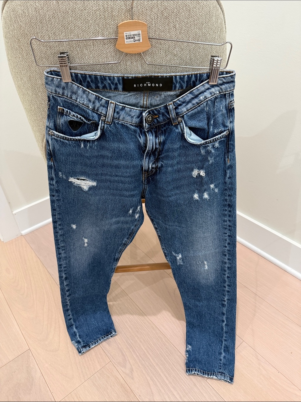 John Richmond Women’s Distressed Skinny Jeans Logo Back Pockets Size 27